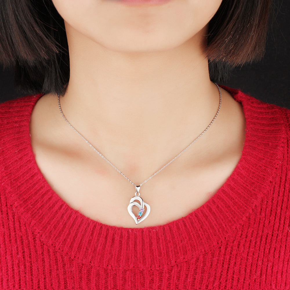 Sterling Silver Nested Heart Name Birthstone Necklace