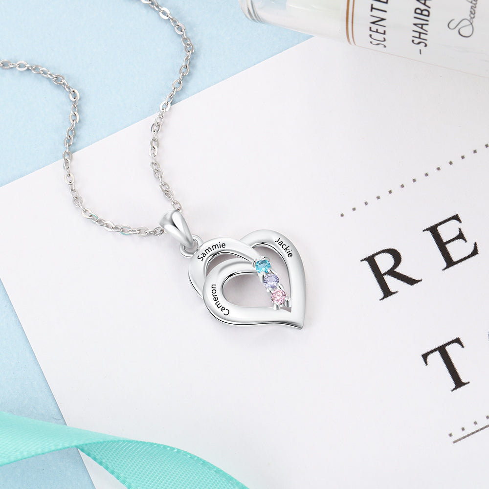 Sterling Silver Nested Heart Name Birthstone Necklace