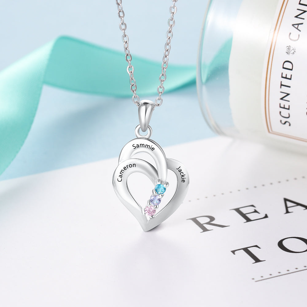 Sterling Silver Nested Heart Name Birthstone Necklace
