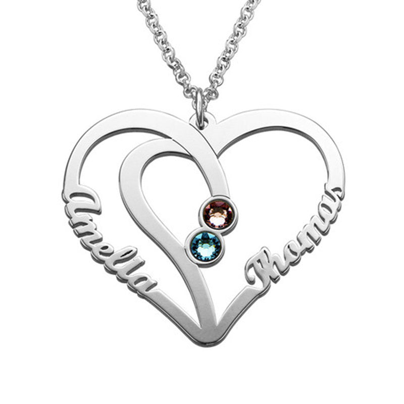 Sterling Silver Engraved Couples Birthstone Necklace