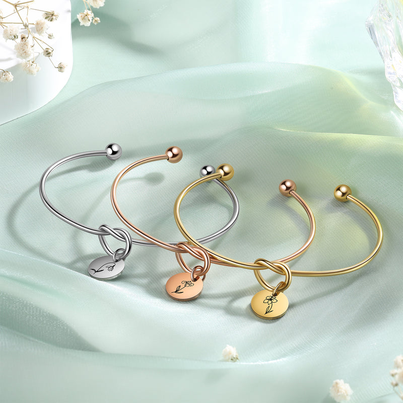 Birth Flower Disc Love Knot Bangle Bracelet