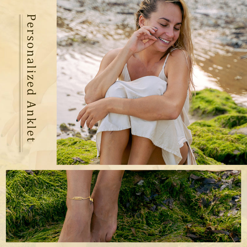Personalized Word Bar Anklet with Initial Charm