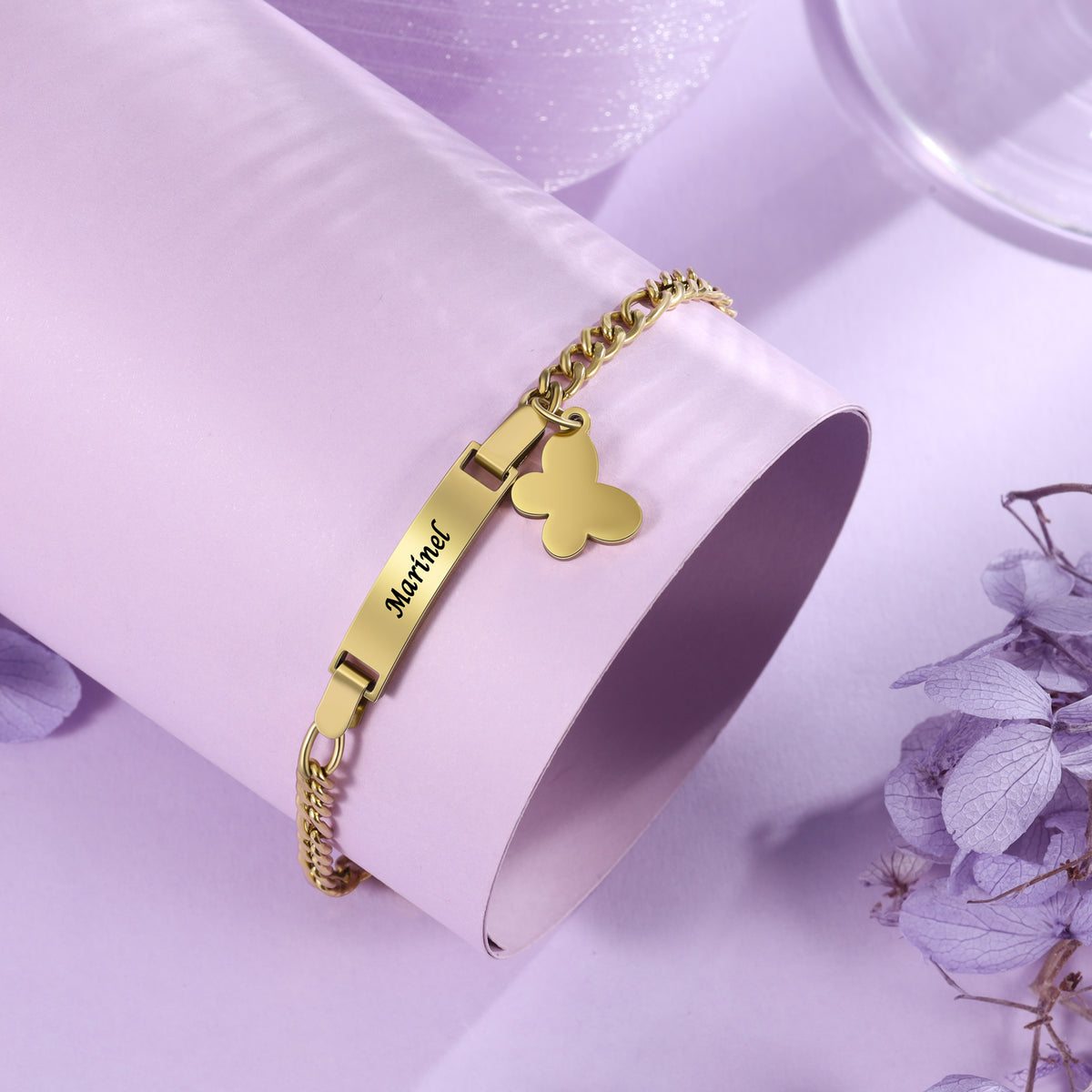 Engraved Name Bar Anklet with Butterfly Charm