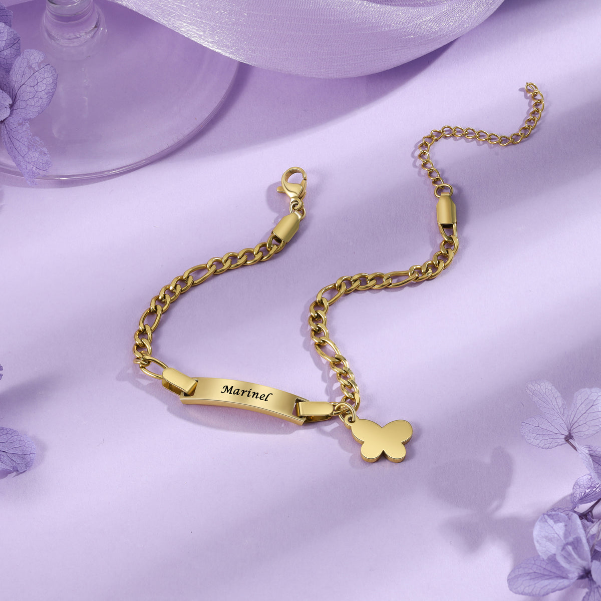 Engraved Name Bar Anklet with Butterfly Charm