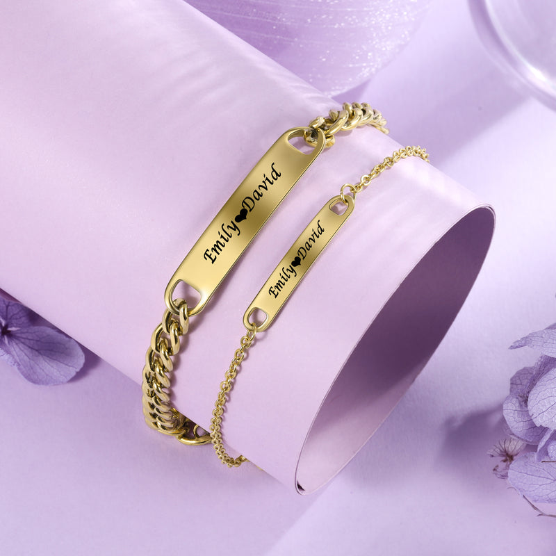 Engraved Couple Name Bar Bracelet Set