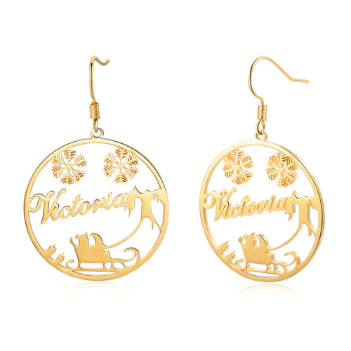 Christmas Name Earrings with Snowflakes and Sleigh