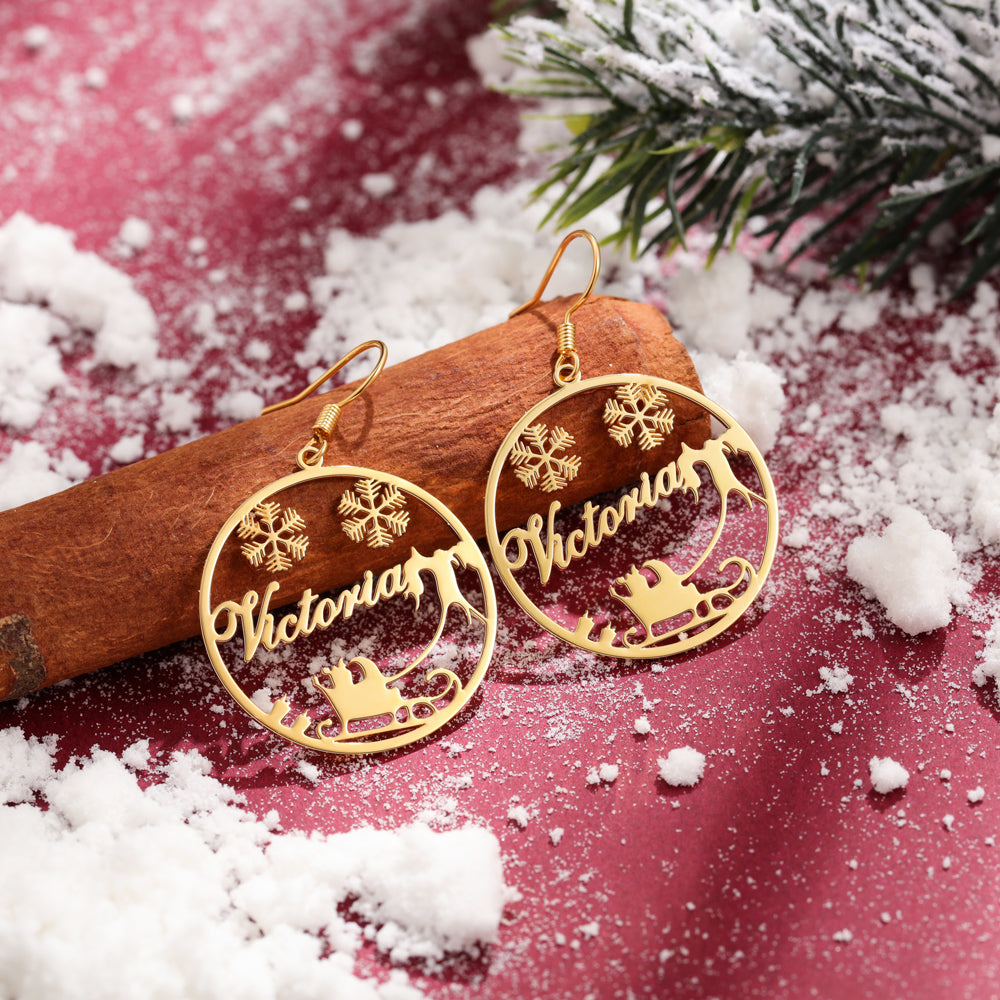 Christmas Name Earrings with Snowflakes and Sleigh