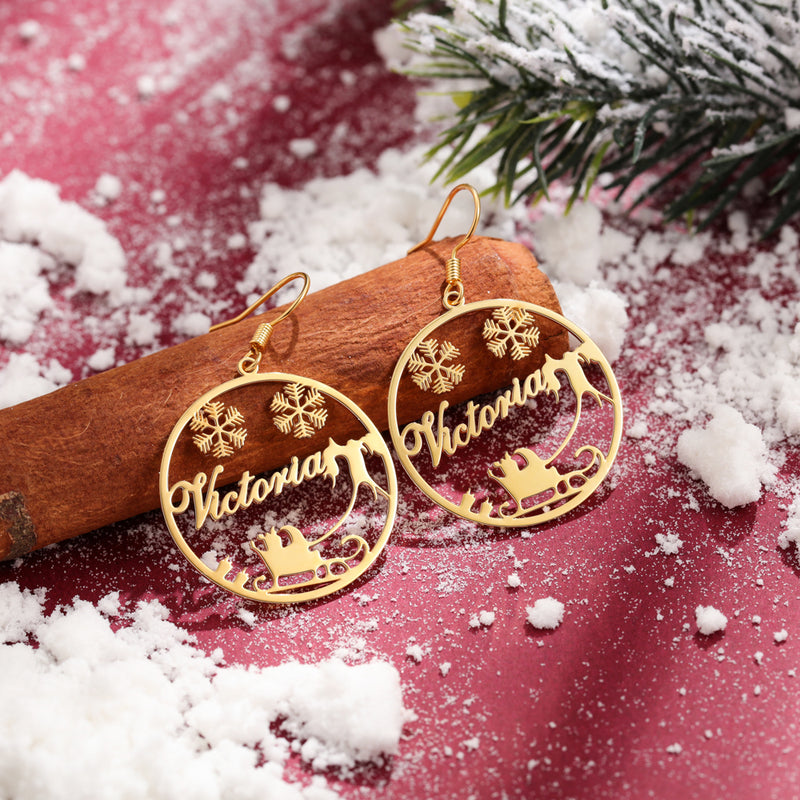 Christmas Name Earrings with Snowflakes and Sleigh