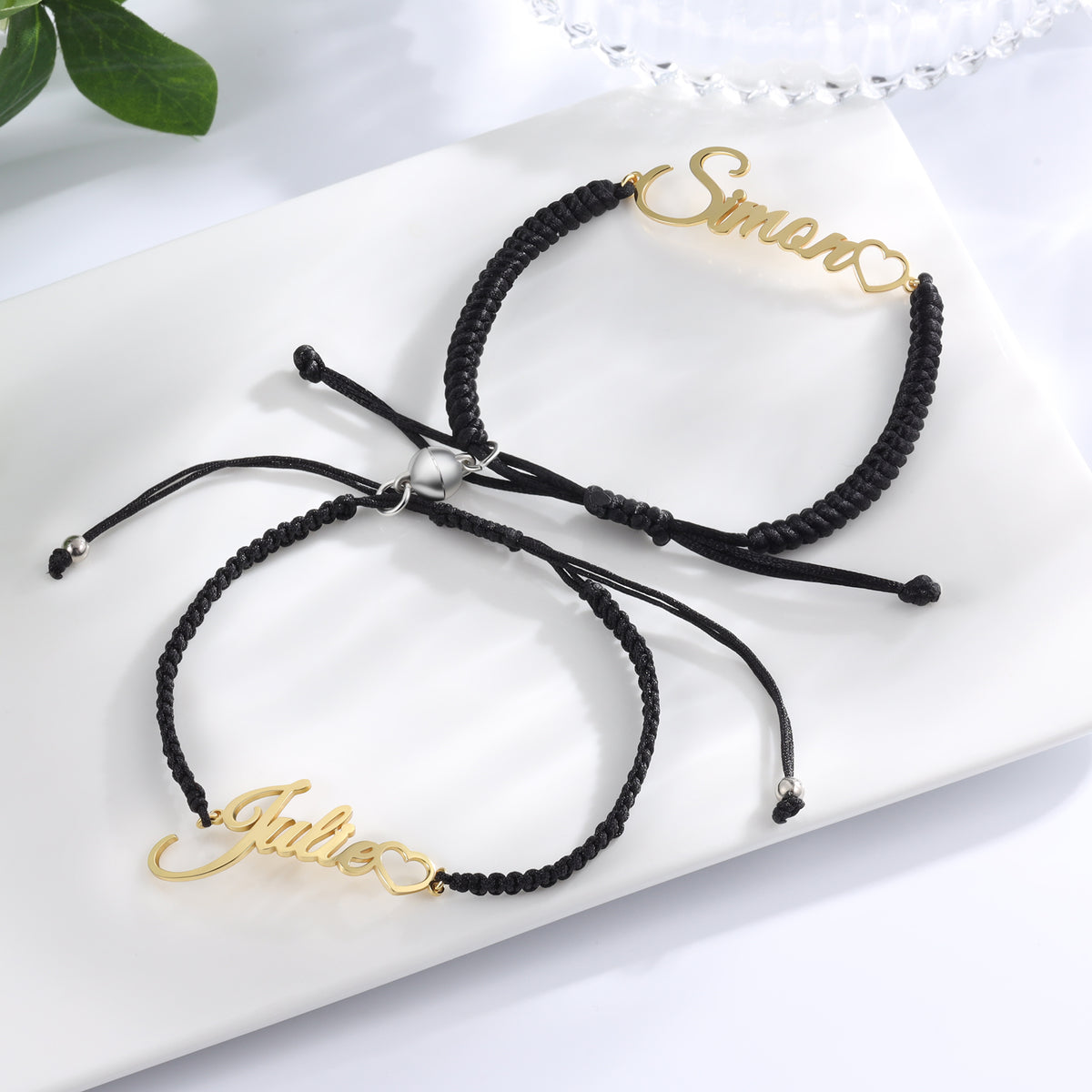 Braided Rope Name Couple Bracelet with Heart