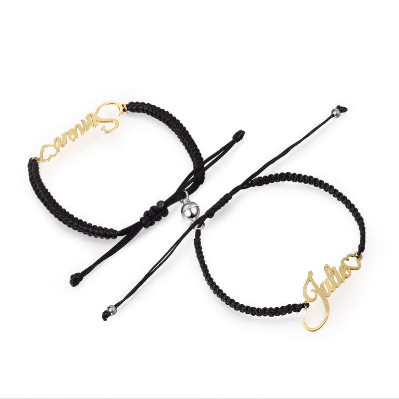 Braided Rope Name Couple Bracelet with Heart