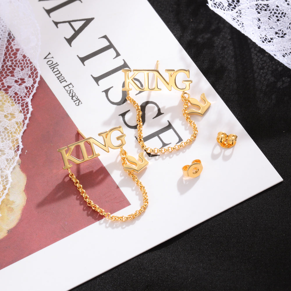 Name Chain Drop Earrings with Crown