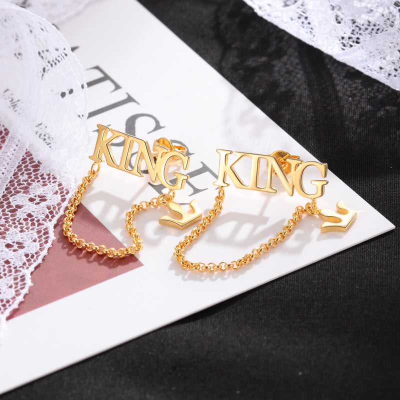 Name Chain Drop Earrings with Crown
