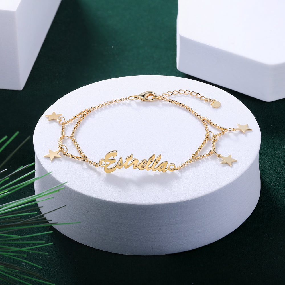 Double Chain Name Bracelet with Star Charms