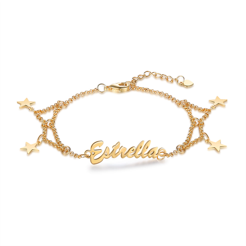 Double Chain Name Bracelet with Star Charms