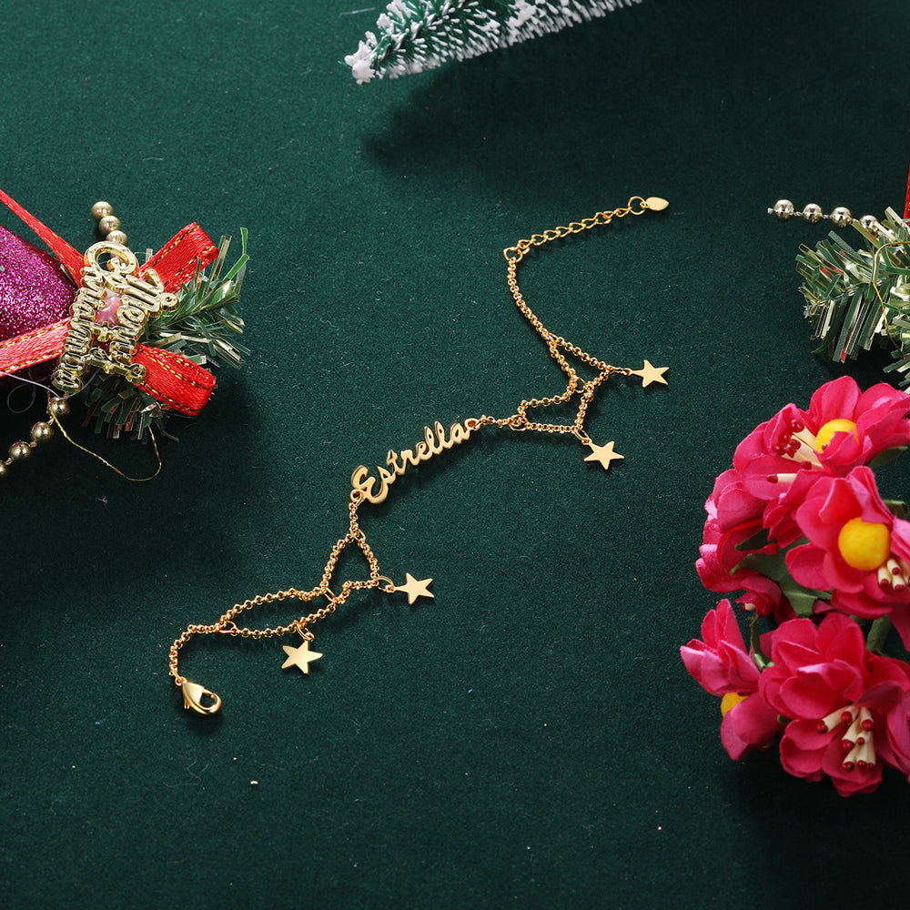 Double Chain Name Bracelet with Star Charms