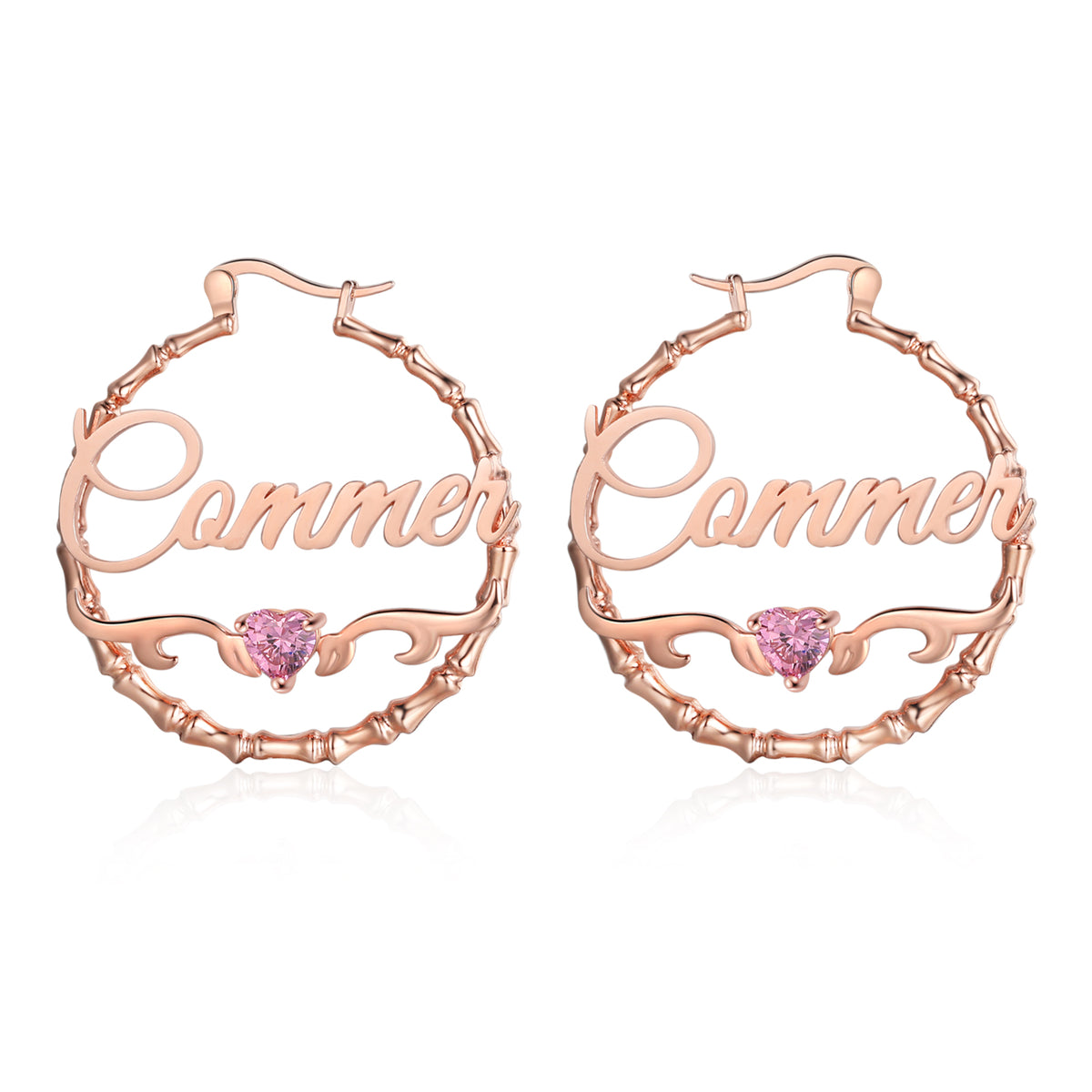 Bamboo Name Hoop Earrings with Heart Stone