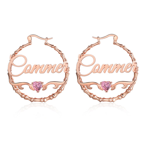 Bamboo Name Hoop Earrings with Heart Stone