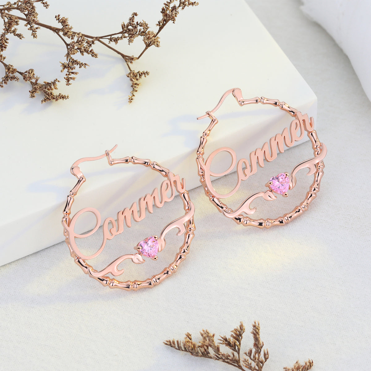 Bamboo Name Hoop Earrings with Heart Stone