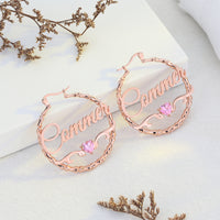 Bamboo Name Hoop Earrings with Heart Stone