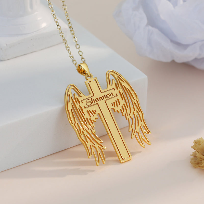 Custom Angel Wing Cross Name Necklace