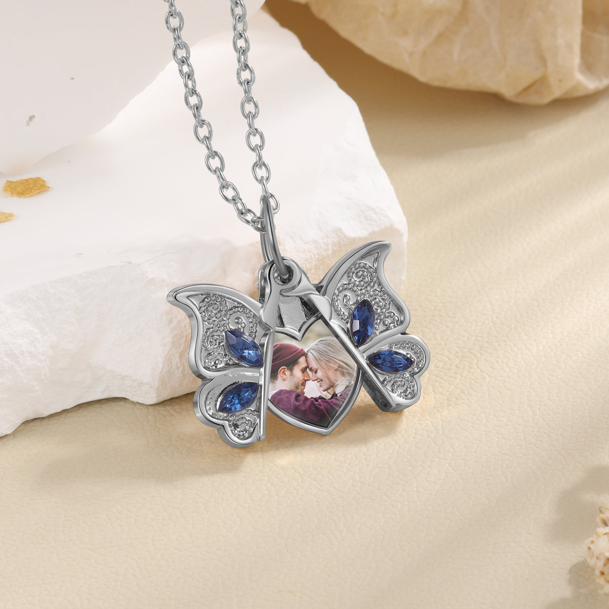 Butterfly Heart Photo Pendant Necklace