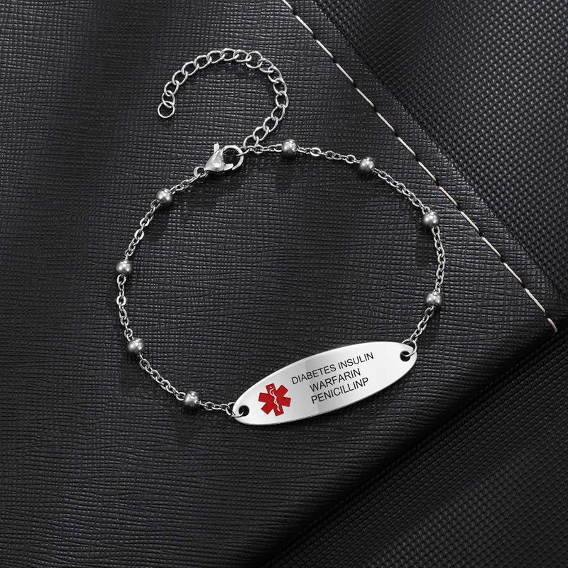 Engraved Medical ID Bead Chain Bracelet