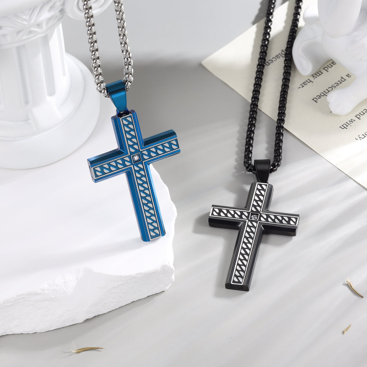 Men's Engraved Rope Inlay Cross Necklace