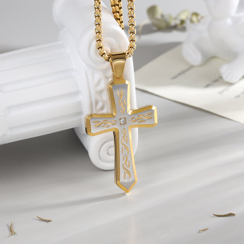 Men's Engraved Carved Cross Necklace