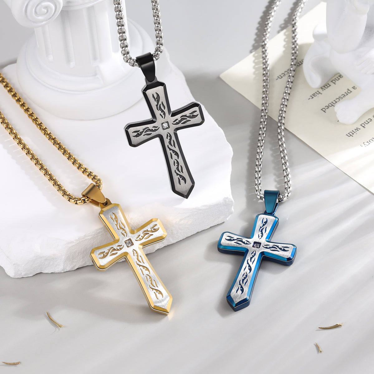 Men's Engraved Carved Cross Necklace