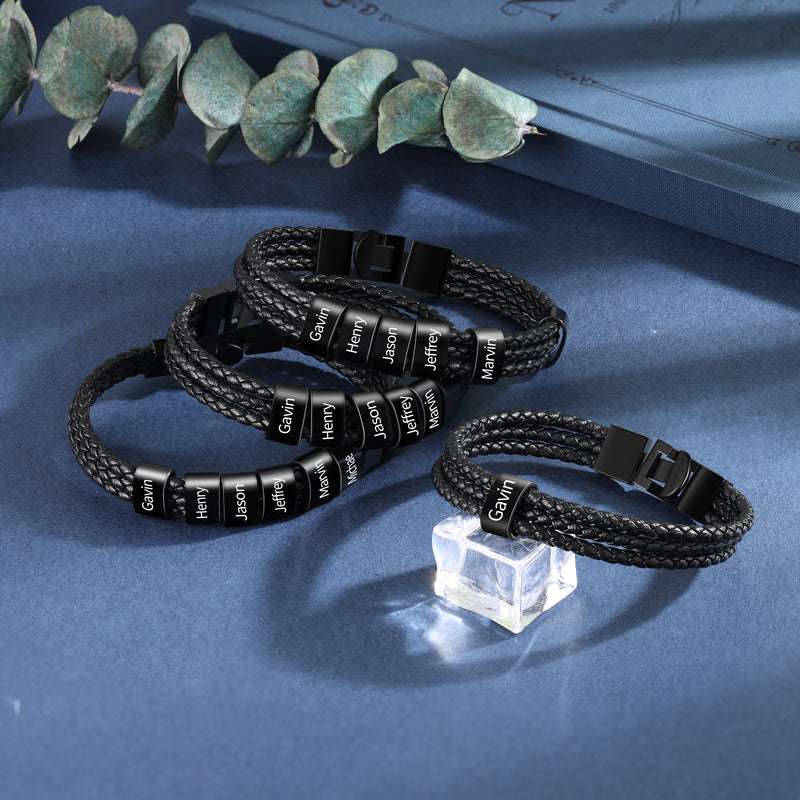 Men's Black Braided Name Bead Bracelet, 1 to 8 Beads