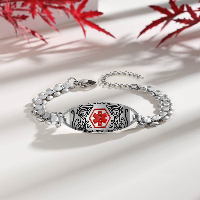 Engraved Medical ID Ornate Link Bracelet