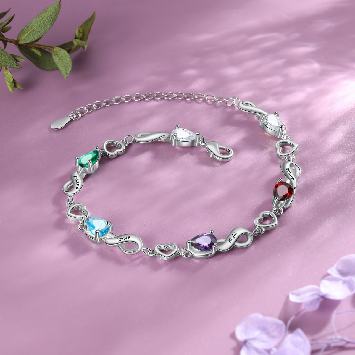 Engraved Name Infinity Heart Birthstone Bracelet