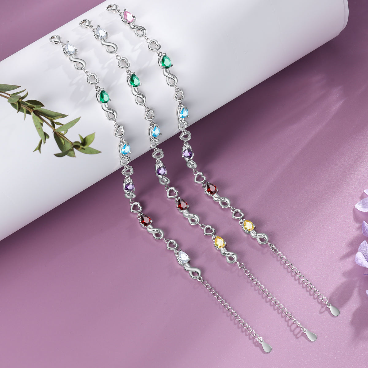 Engraved Name Infinity Heart Birthstone Bracelet