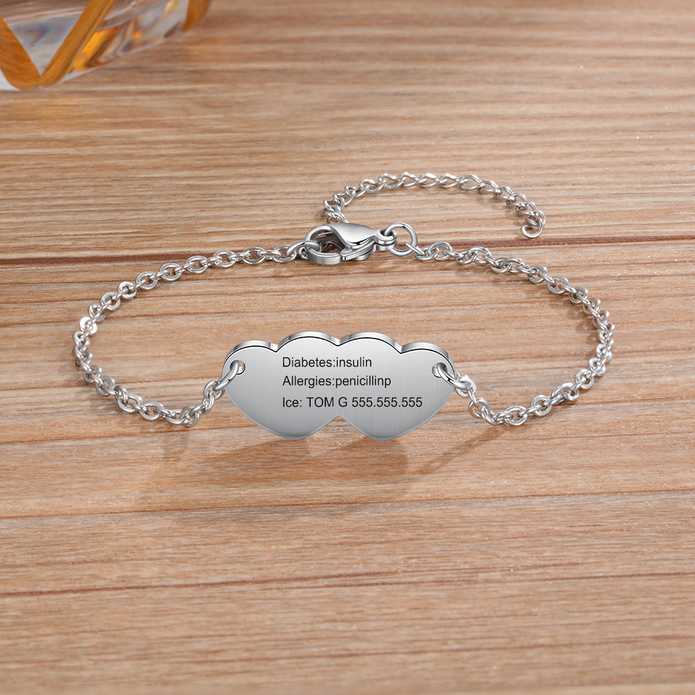 Engraved Medical ID Double Heart Bracelet