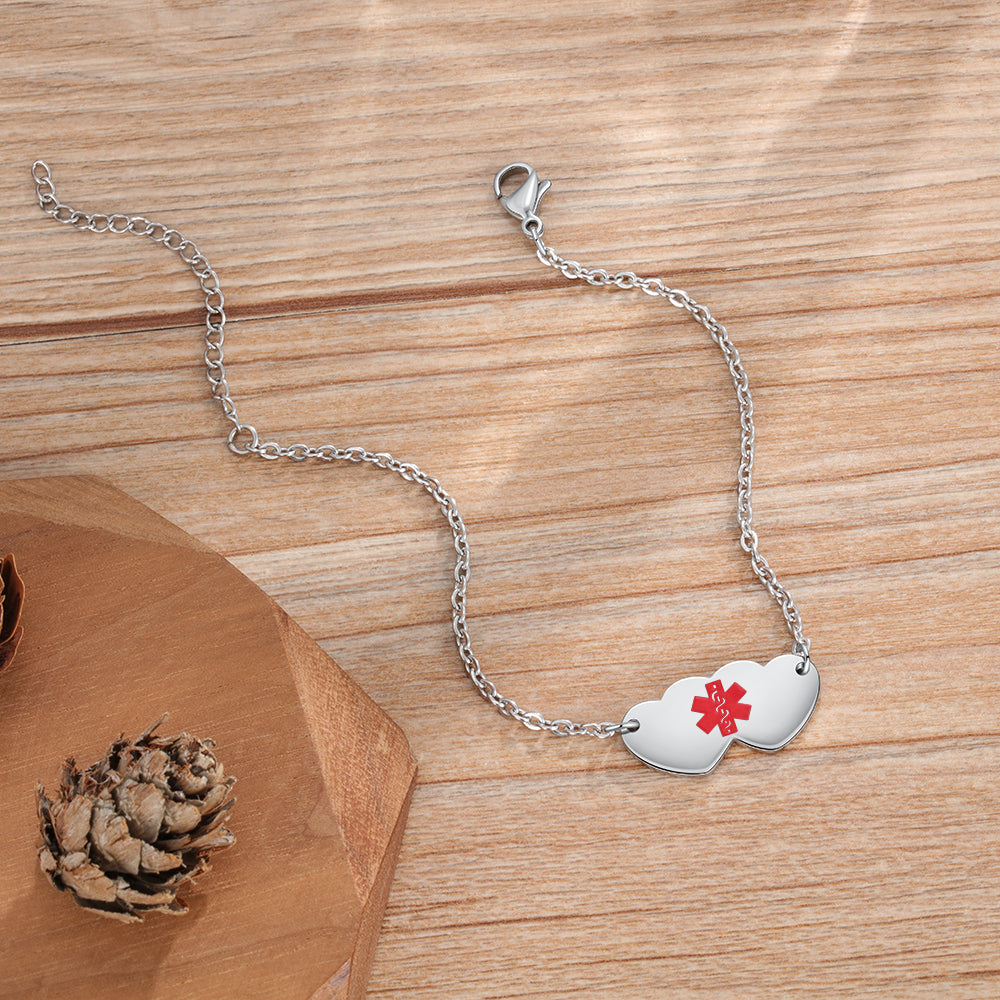 Engraved Medical ID Double Heart Bracelet