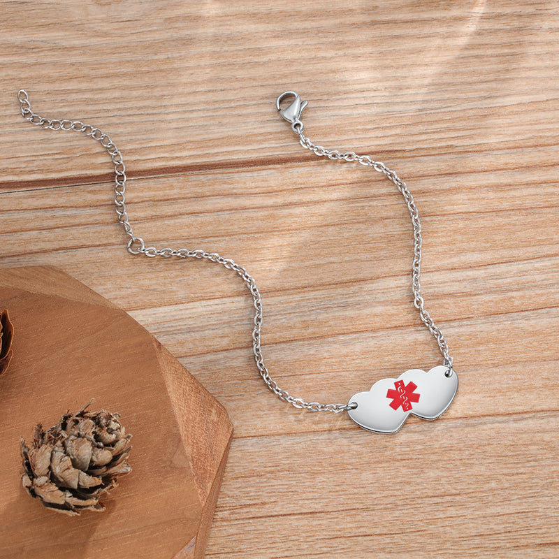 Engraved Medical ID Double Heart Bracelet