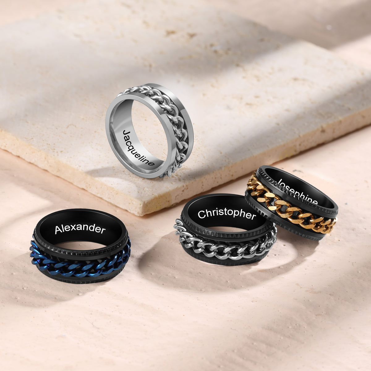Men's Engraved Spinner Ring with Chain Inlay