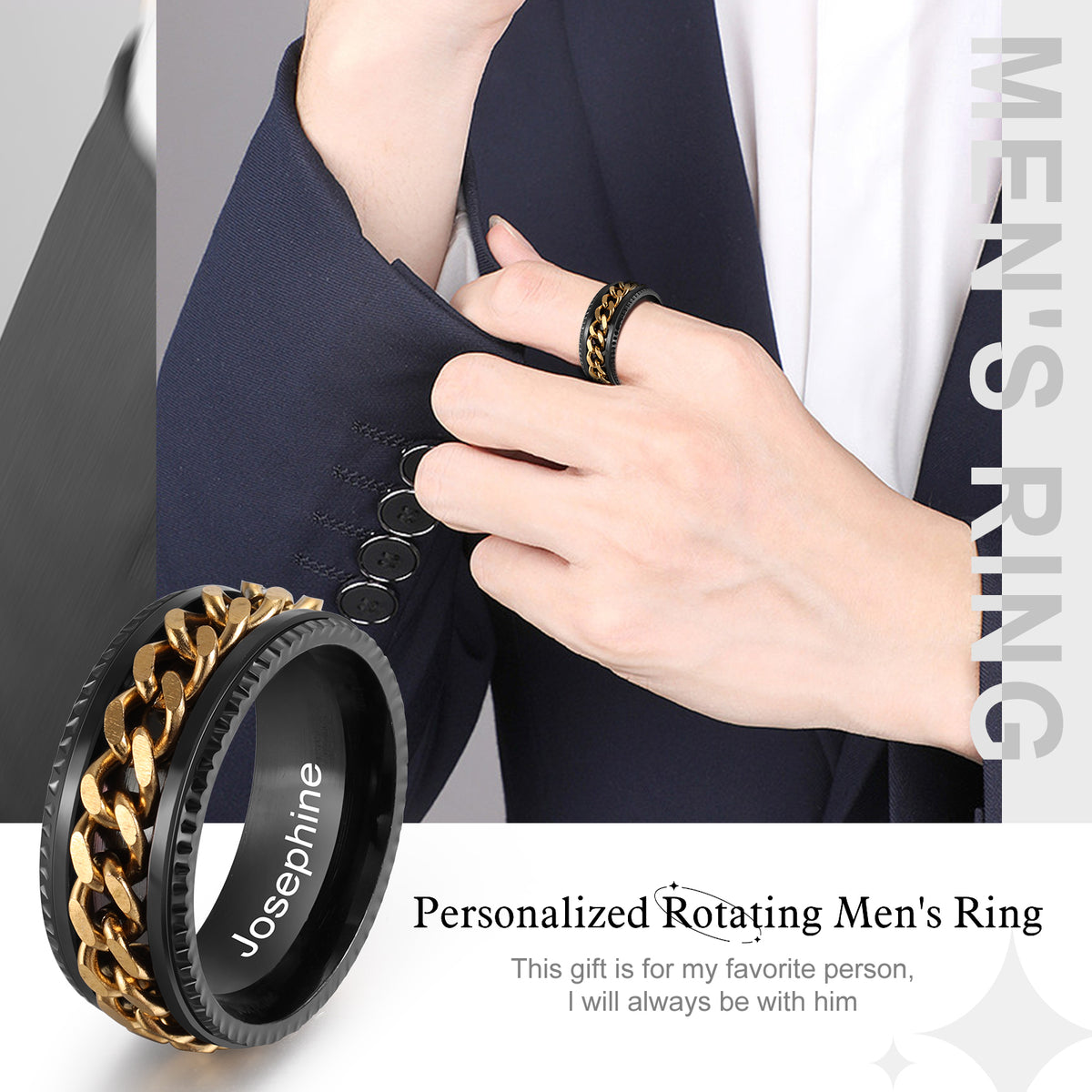 Men's Engraved Spinner Ring with Chain Inlay