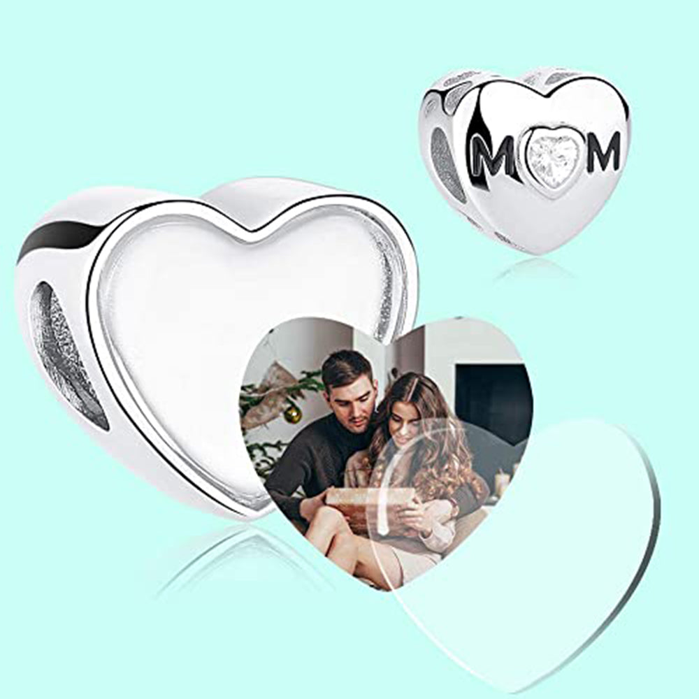 Sterling Silver Mom Heart Photo Bead Charm