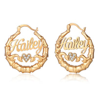 Bamboo Name Hoop Earrings with Heart