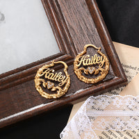 Bamboo Name Hoop Earrings with Heart
