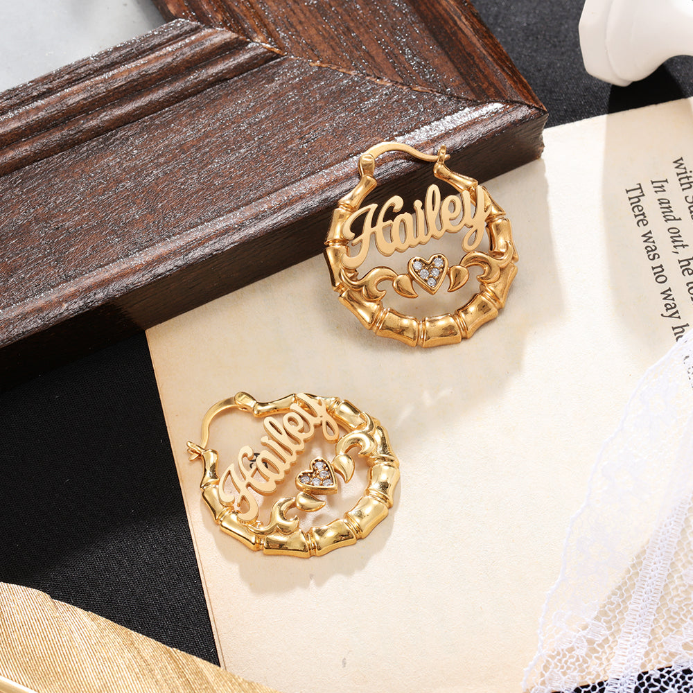 Bamboo Name Hoop Earrings with Heart