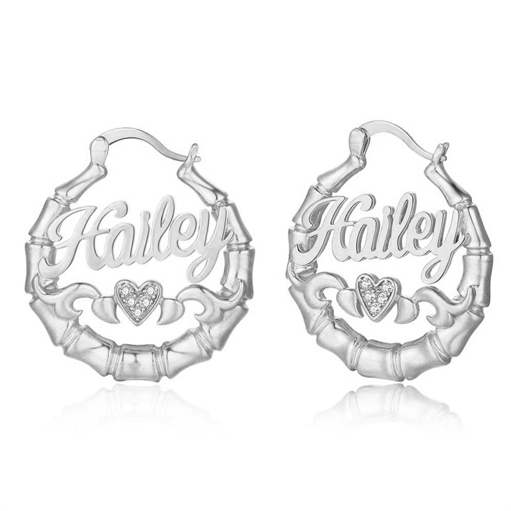 Bamboo Name Hoop Earrings with Heart