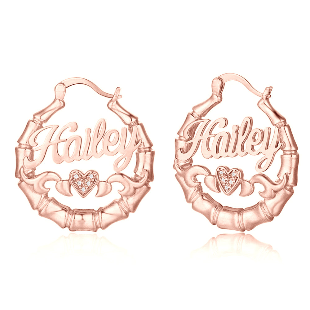 Bamboo Name Hoop Earrings with Heart