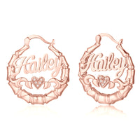 Bamboo Name Hoop Earrings with Heart