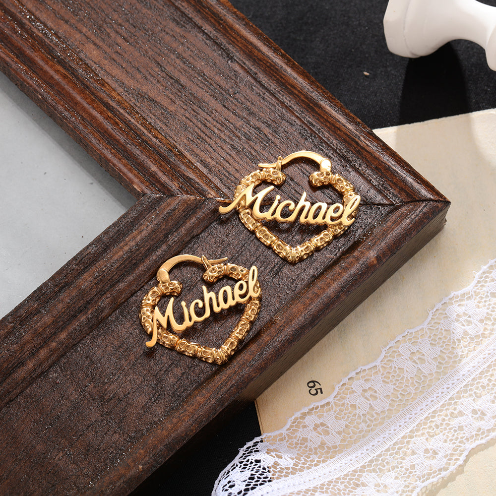 Ornate Heart Name Hoop Earrings