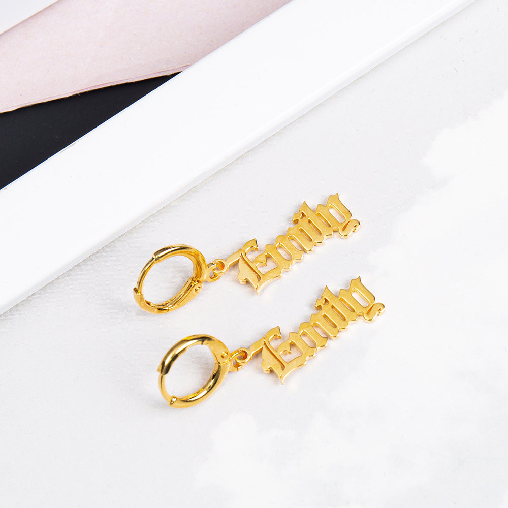 Old English Name Huggie Drop Earrings