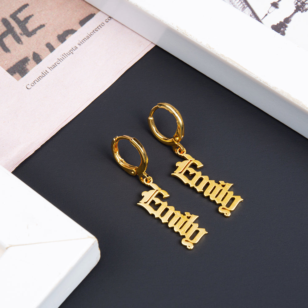Old English Name Huggie Drop Earrings