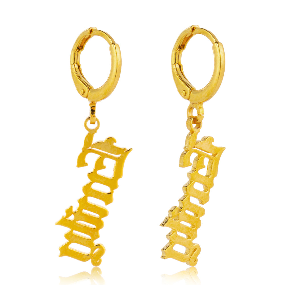 Old English Name Huggie Drop Earrings