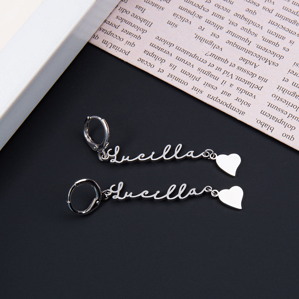 Script Name Huggie Earrings with Heart Charm